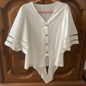 Button Down Tie Knot Mesh Blouse 3/4 Bell Sleeve